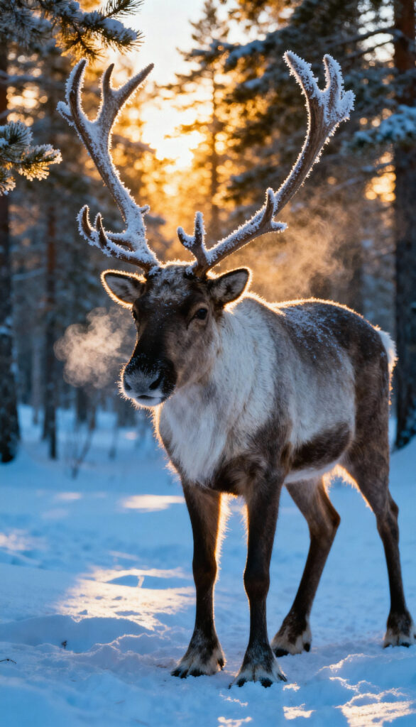 A reindeer in a snowy forest