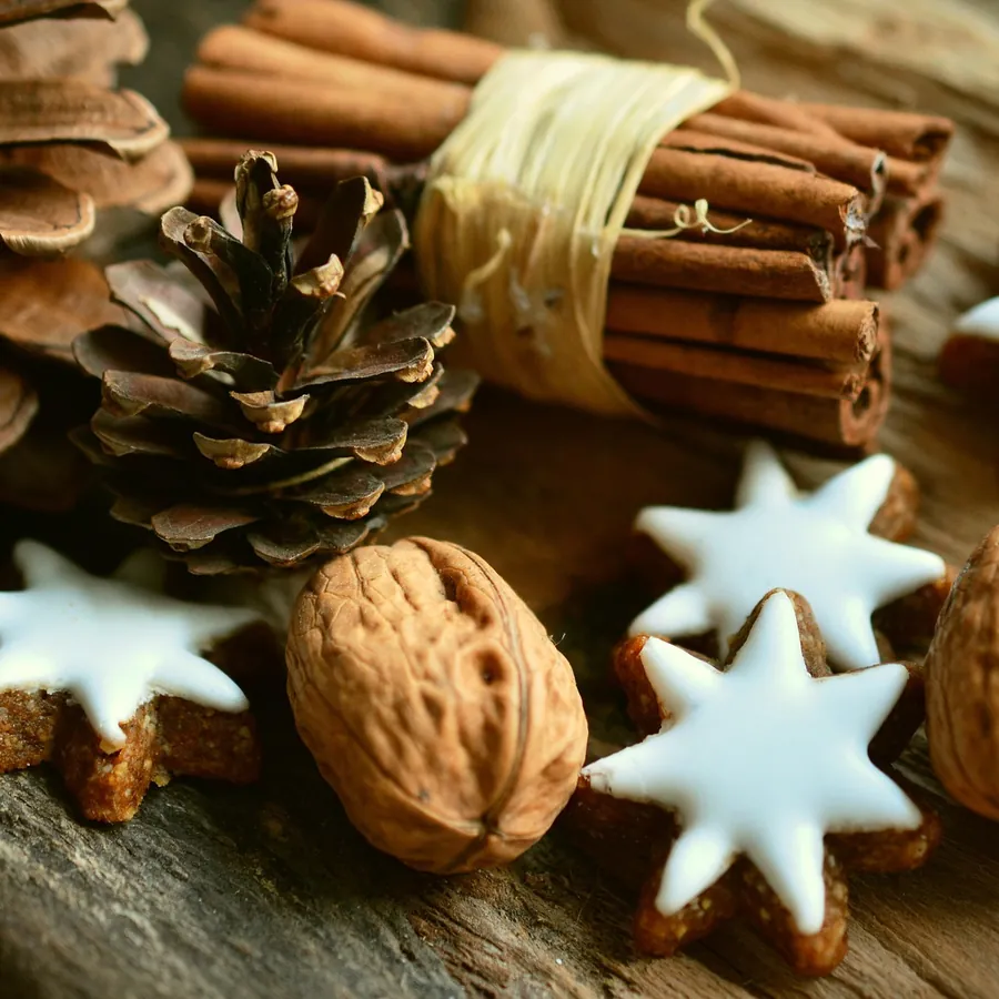 Cinnamon star cookies with walnuts, a pine cone and cinnamon sticks