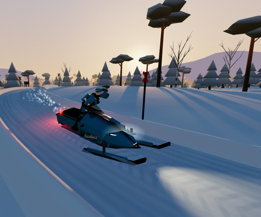 FulleRulle Snow Run: a snowmobile racing game in the browser, rider on a winter trail at sunset