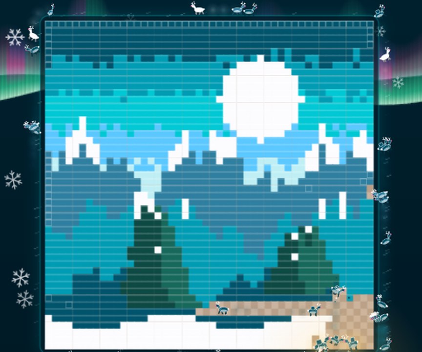SnowFlow by FulleRulle: a relaxing mobile puzzle game, a pixel-art Swedish Lapland landscape with reindeer, mountains and a low winter sun