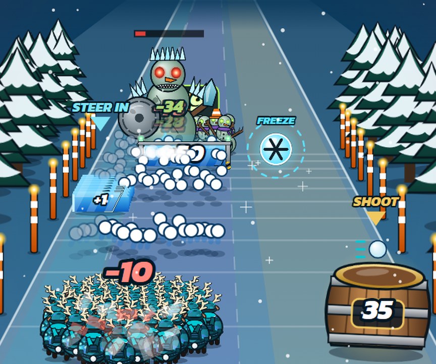 Reindeer herd firing snowballs at a zombie snowman boss on a snowy road